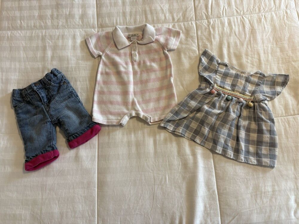 Baby Girls 0-3 Months Lot 3 Pieces Jeans, Dress, Romper